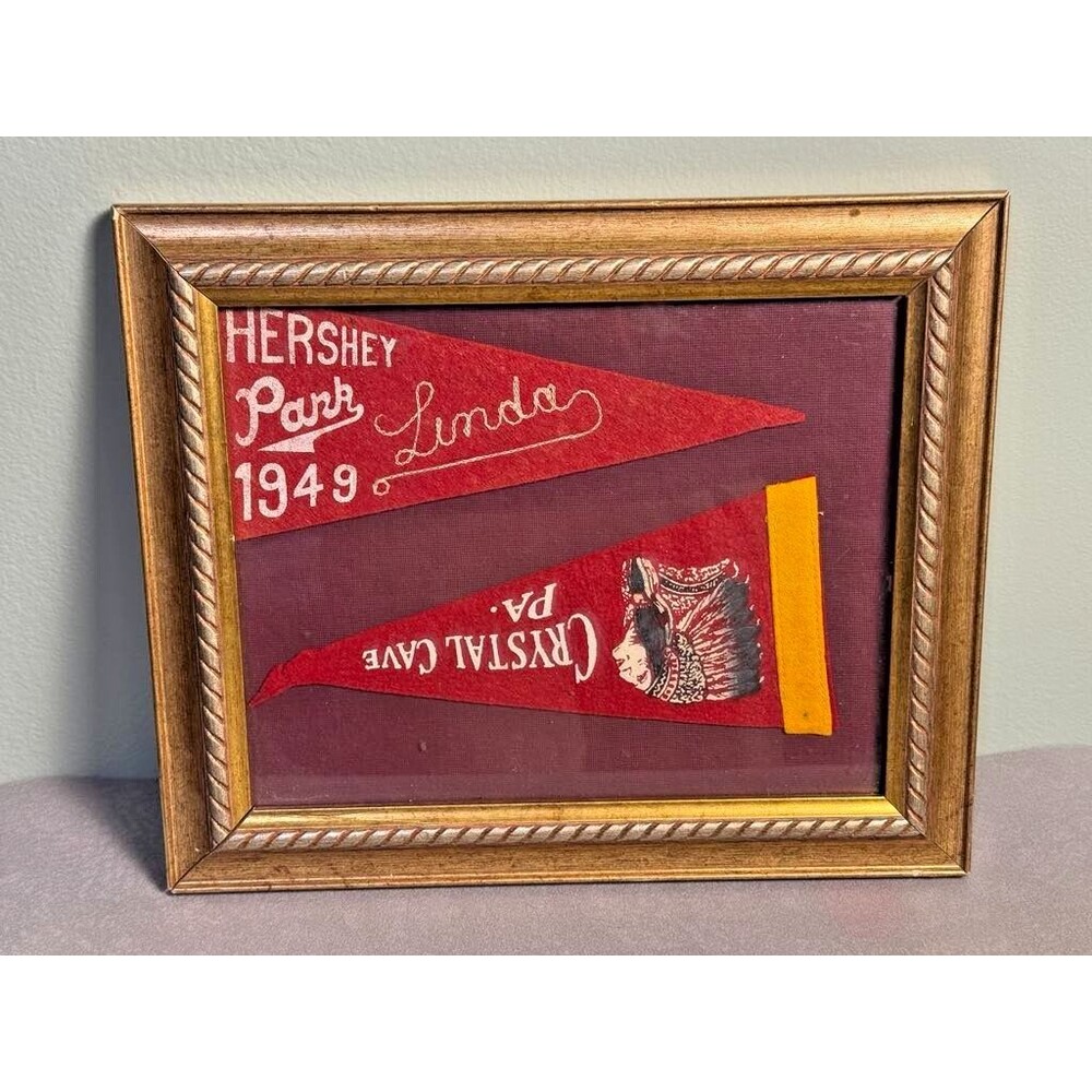 Vintage 1940s Hershey Park Pennant + Crystal Cave PA. Pennant - Framed